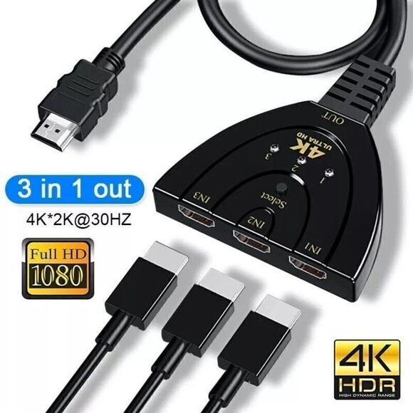2FT 4K HDMI 2.0 Cable Auto Switch Switcher Splitter Adapter 3 In-1 Out Device - Picture 1 of 6